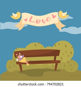 Wooden Bench In The Park, Pair Of Flying Birds Holding Ribbon Banner With Word Love Cartoon Vector Illustration, Design Element For Poster Or Banner