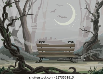 Wooden bench in the park under the moon. Twilight and dense fog among the trees. An empty square, twisted trees, a footpath, a flock of bats. Mystical mysterious forest. Vector cartoon illustration.