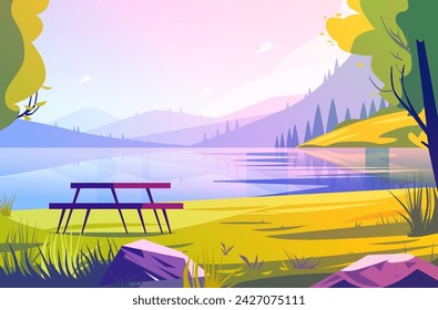 wooden bench and picnic table at river bank landscape view of clear river still water mountain ridge nature tourism travel adventure