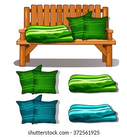 Wooden bench and pillow with the blanket. Vector.