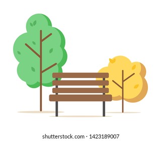 Wooden bench seat vector, isolated trees and bushes of different colors, spring and autumn plants, yellow and green foliage park outdoors flat style