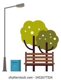 Wooden bench to seat vector, isolated park elements. Trees in bloom, spring nature. Lantern with bulb and trash can bin for garbage flat style foliage