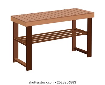 Bancada de madeira com design de ripas e pernas marrons para decoração doméstica moderna