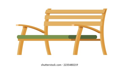 Un banco de madera con un cojín suave y cálido sobre el asiento. Mobiliario aislado para casa, patio y jardín, porche o balcón, silla simple y minimalista. Diseño exterior al aire libre. Vector de estilo plano