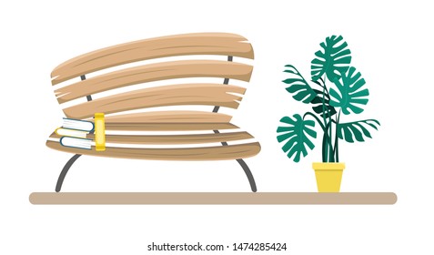 Wooden bench with a stack of books and a decorative plant nearby. Flat vector illustration