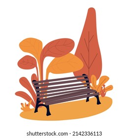 Wooden bench surrounded by autumn scenery semi flat color vector object. Full sized item on white. Park, forest. Nature preserve simple cartoon style illustration for web graphic design and animation