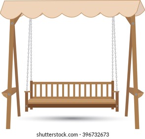 wooden bench swing with a roof made of cloth hanging on chains