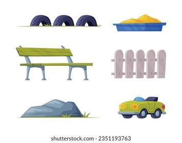 Wooden Bench, Tyre, Sandpit, Fence, Car and Stone Vector Set