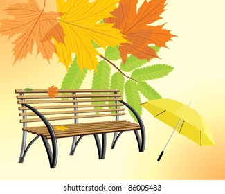 Wooden bench and umbrella on the autumn background. Vector
