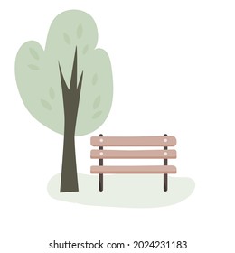 Wooden bench under a green tree. Vector illustration.