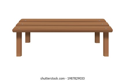 Wooden bench without back isolated on white background. Outdoor sitting furniture for patio, porch, garden, park. Front view. Vector cartoon illustration.