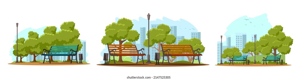 Wooden benches, bins and city lights on alley in park or summer garden vector illustration. Cartoon walkway with lantern in urban downtown district, cityscape with skyscrapers isolated on white