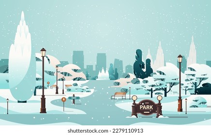 wooden benches and trees in snowy public winter park snowfall cityscape background horizontal