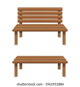 Wooden benches with and without back isolated on white background. Outdoor sitting furniture for patio, porch, garden, park. Front view. Vector cartoon illustration