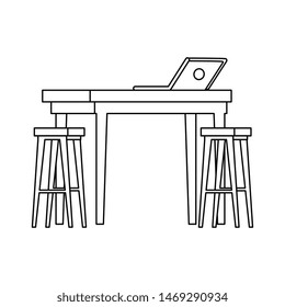 wooden benchs with table and laptop