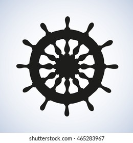 Wooden big aged circle schooner shipswheel isolated on white backdrop. Ink hand drawn picture sketchy in art retro style pen on paper. Closeup view with space for text