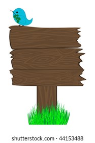 Wooden billboard and  bird on it. Good place for your text, publicity, notice