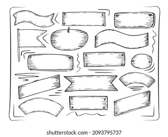 Wooden billboard collection with hand drawn or doodle style. Banner isolated on white background. Vector image.