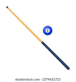 Wooden billiard cue and pool ball isolated on white background. Pool stick ball. Vector illustration