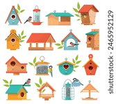 Wooden bird feeders and houses. Cute homemade nests, different designs, bullfinches and tits winter support, places for seeds, cartoon flat style isolated illustration vector birdhouse set