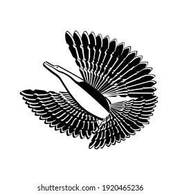 The wooden bird of happiness. Russian old traditional toy - amulet isolated on white background. In black. Silhouette, logo. Vector illustration