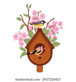 Wooden bird house. Cartoon hand crafted bird house with feeders, cute birds nests on blooming tree flat vector illustration. Nesting bird house