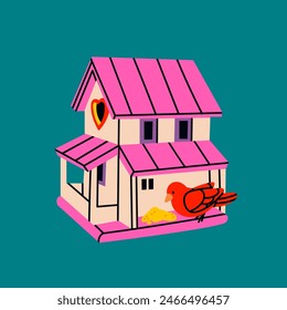 In: Wooden Bird House. Bunte Vogelfutter. Sieht aus wie ein richtiges Haus. Cartoon-Stil. Vogelhaus, Nest, Haus für Vögel, Gartendekoration. Handgezeichnete Vektorillustration. Isoliertes Konstruktionselement. Symbol-Vorlage