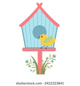 Wooden bird house with cute bird and flowers. Vector illustration isolated on white background.