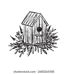 Wooden bird house feeder with flowers in black brush stroke texture isolated on white. Hand drawn vector sketch illustration in vintage charcoal ink. Nature concept, help animals, wood craft design