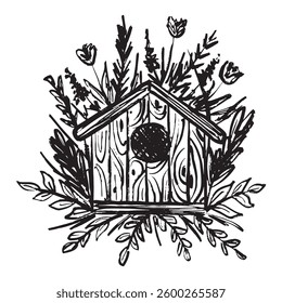 Wooden bird house feeder with flowers in black brush stroke texture isolated on white. Hand drawn vector sketch illustration in vintage charcoal ink. Nature concept, help animals, wood craft design