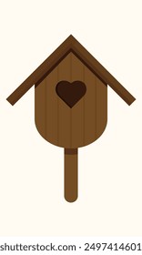 Wooden bird house with heart shaped entrance and slope roof. Nesting box on isolated background. Vector illustration