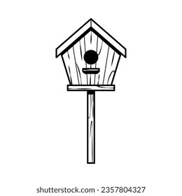 Wooden bird house line art. Vector isolated on white background.