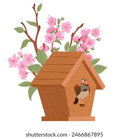 Casa de madera del pájaro en el árbol floreciente. Casa de pájaro con alimentador, nidos de pájaros hechos a mano en Ilustración vectorial plana de cerezo. Casa de pájaro de anidamiento de dibujos animados