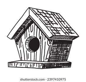 Wooden bird house outline clipart. Spring time doodle. Vector illustration in engraving style isolated on white.