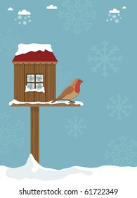 Wooden Bird House With Perched Robin In Winter