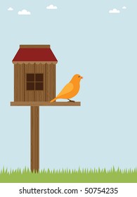 wooden bird house with perched yellow bird