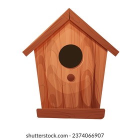 Wooden bird house, place for nest, empty decoration in cartoon style textured wood object isolated on white background. Springtime decoration, hanging home.