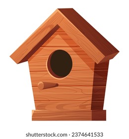 Wooden bird house, place for nest, empty decoration in cartoon style textured wood object isolated on white background. Springtime decoration, hanging home.