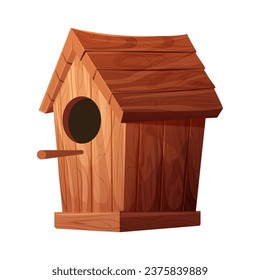 Wooden bird house, place for nest, empty decoration in cartoon style textured wood object isolated on white background. Springtime decoration, hanging home.