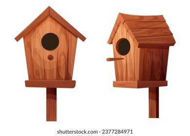 Wooden bird house, place for nest, empty decoration in cartoon style textured wood object isolated on white background. Springtime decoration, hanging home.