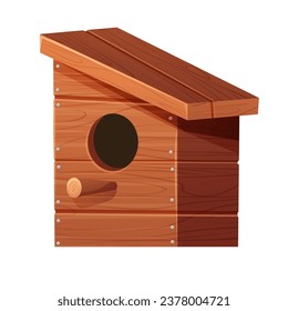 Wooden bird house, place for nest, empty decoration in cartoon style textured wood object isolated on white background. Springtime decoration, hanging home.