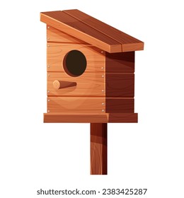 Wooden bird house, place for nest, empty decoration in cartoon style textured wood object isolated on white background. Springtime decoration, hanging home.