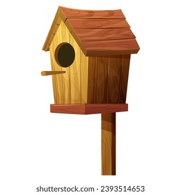 Wooden bird house, place for nest, empty decoration in cartoon style textured wood object isolated on white background. Springtime decoration, hanging home.