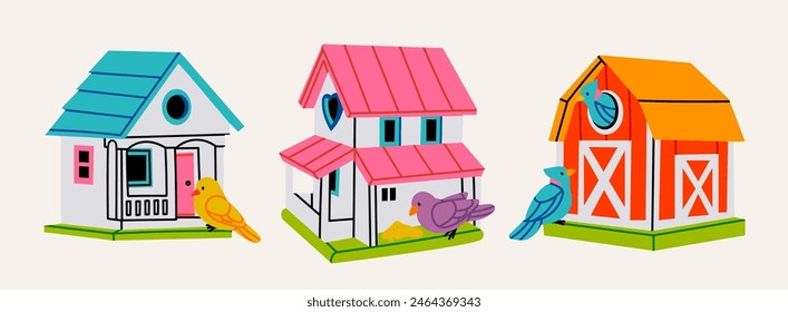 Wooden Bird Houses. Colorful bird feeders. Look like real house, barn. Cartoon style. Birdhouse, nest, home for birds, garden decoration. Hand drawn Vector Illustration. Isolated design elements