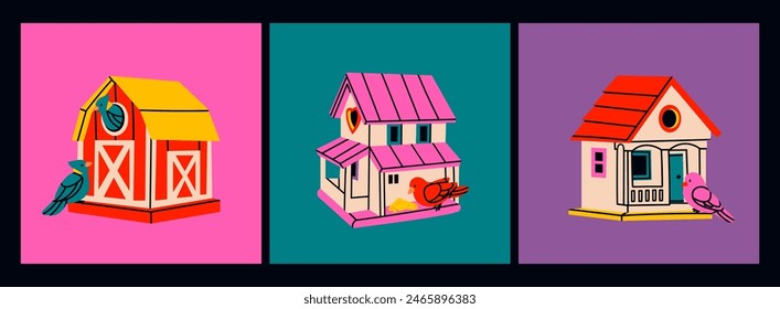 Wooden Bird Houses. Colorful bird feeders. Look like real house, barn. Cartoon style. Birdhouse, nest, home for birds, garden decoration. Hand drawn Vector Illustration. Isolated design elements