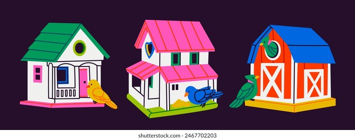 Casas de madera de pájaros. Alimentadores de pájaros coloridos. Parece una casa de verdad, granero. Estilo de dibujos animados. Casa de pájaros, nido, hogar para pájaros, decoración de jardín. Ilustración vectorial dibujada a mano Elementos de diseño aislados