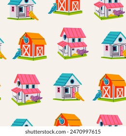 Casas de madera de pájaros. Alimentadores de pájaros coloridos. Parece una casa de verdad, granero. Estilo de dibujos animados. Casa de pájaros, nido, hogar para pájaros, decoración de jardín. Ilustración vectorial dibujada a mano Patrón cuadrado sin costuras