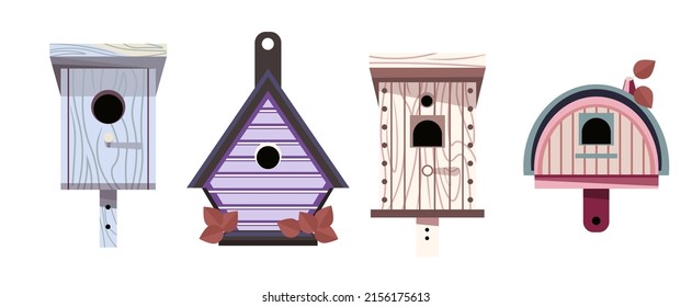 Wooden bird houses or feeders helping avian animals to survive winter and cold weather. Variety and types of wooden homes. Environmental care and nature protection. Vector in flat style illustration