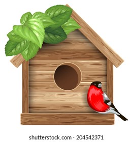 Wooden birdhouse with bird bullfinch and leaves