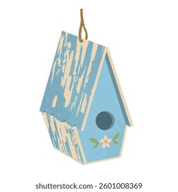 Wooden birdhouse for birds. Bird nest, hatching chicks. DIY craft. House for wild animals. Survival in the wild. Vector illustration isolated on transparent background.